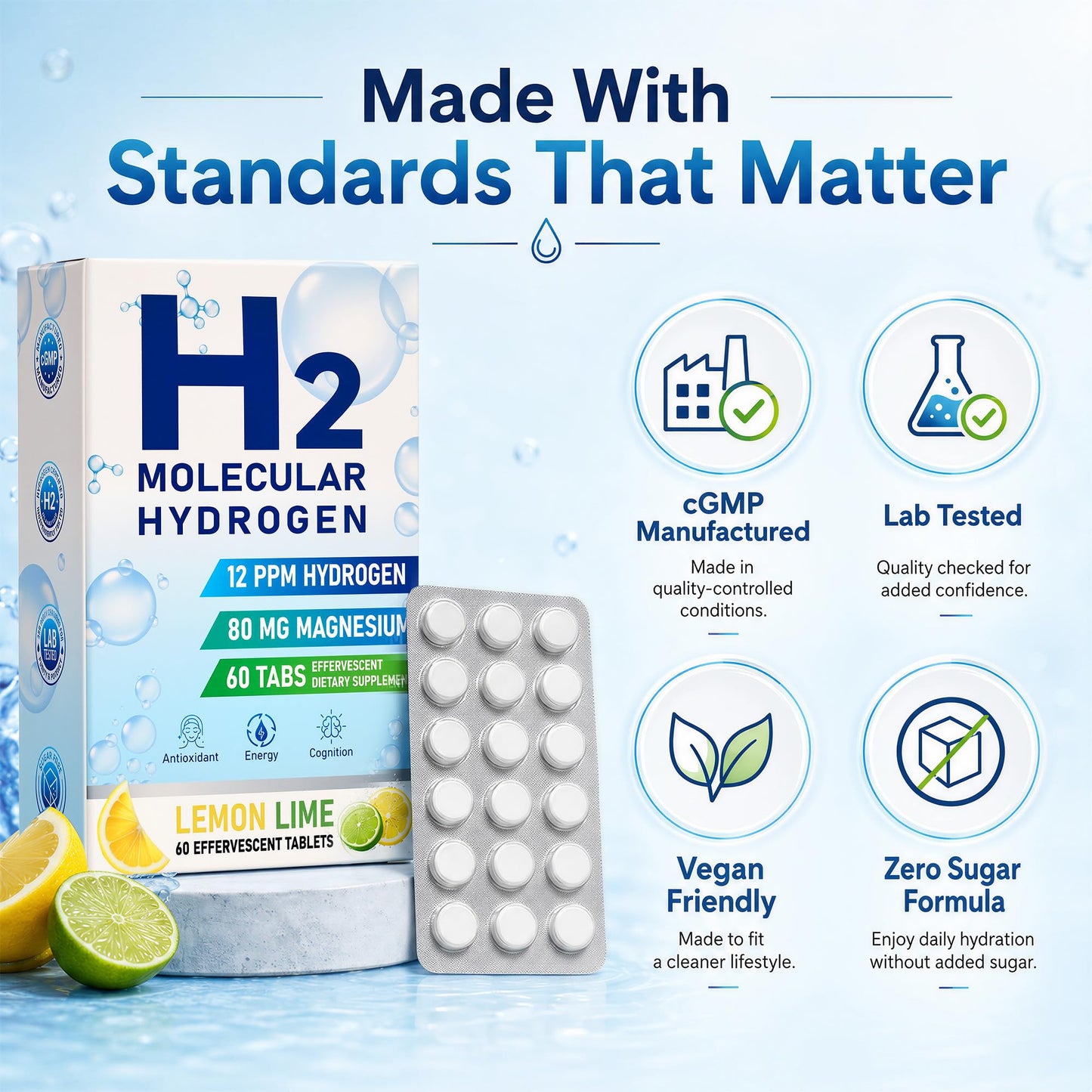 Crobirware Molecular Hydrogen Water Tablets 12 PPM H2 Supplement with Magnesium, Lemon Lime Flavour, Fast-Dissolving for Water, Hydration, Energy & Recovery Support, 60 Tablets