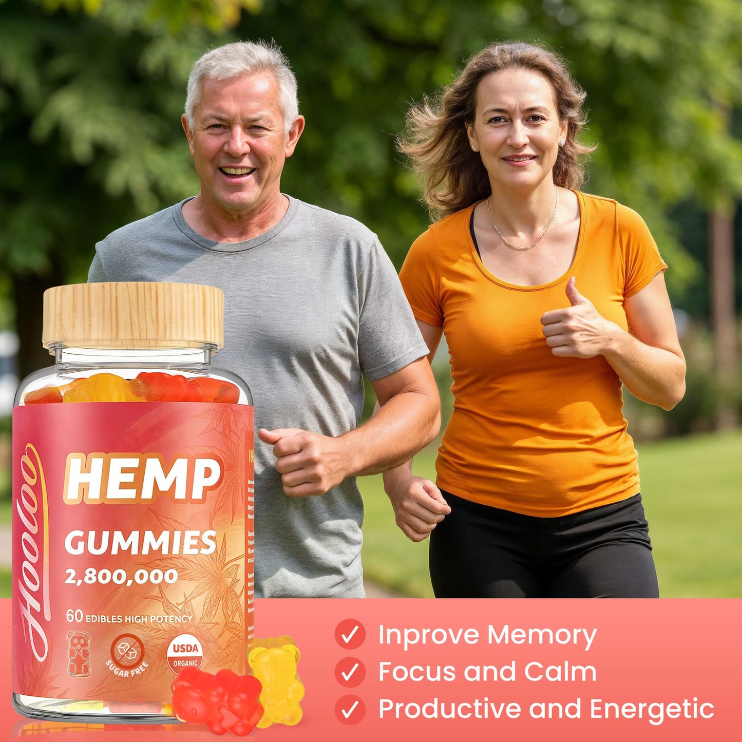 HOOLOO Hemp Gummies for Happier Bedtimes & Focus, Extra Strength 2,800,000 Hemp Oil Infused, Gummy Bears Fruity, Sugar Free, Made in USA, 120 Gummies