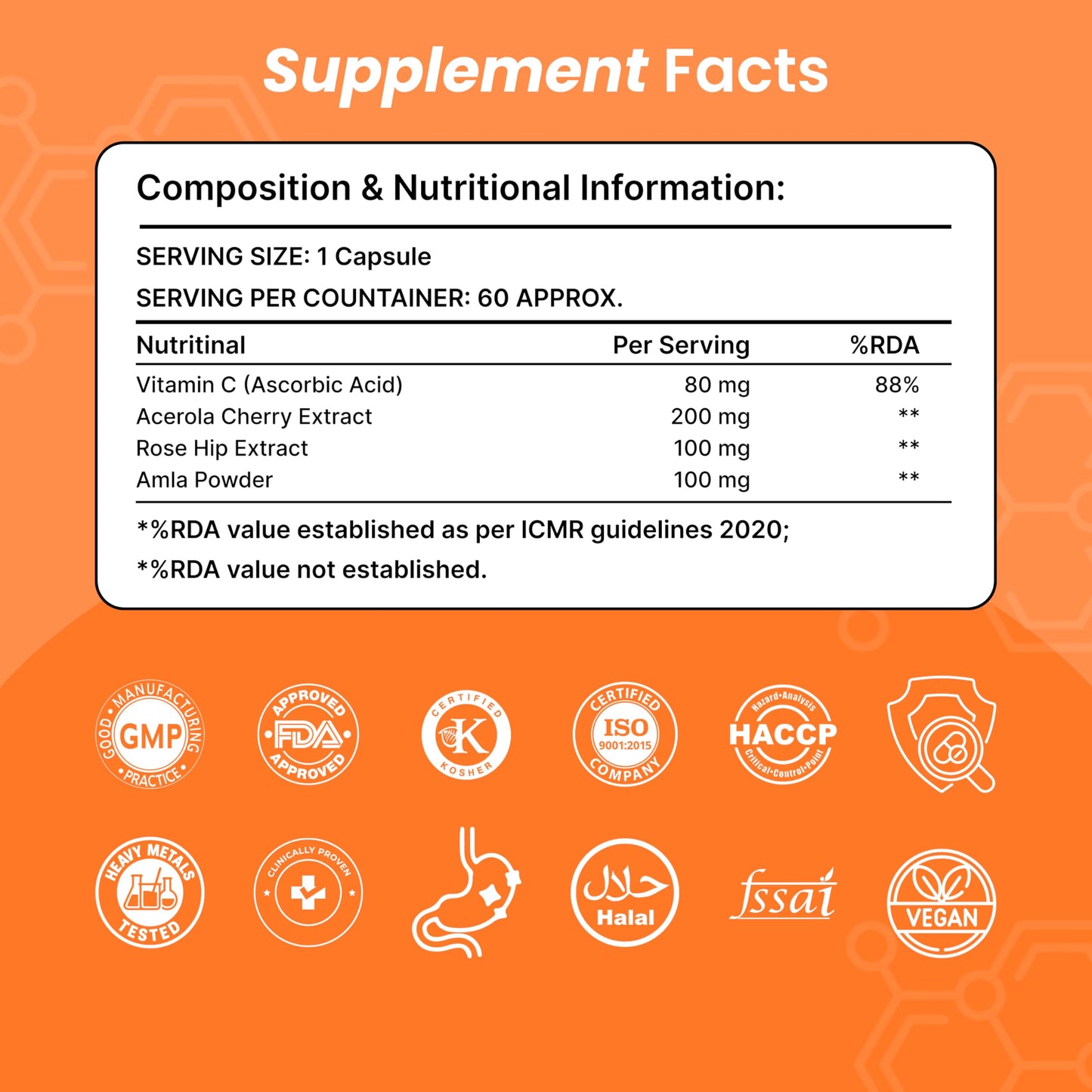 ORIBITE Vitamin C 500mg with Amla, Rose Hip & Acerola Cherry – Supports Immune & Antioxidant Health, Enhances Skin, Boosts Energy & Iron Absorption – 60 Vegetarian Capsules