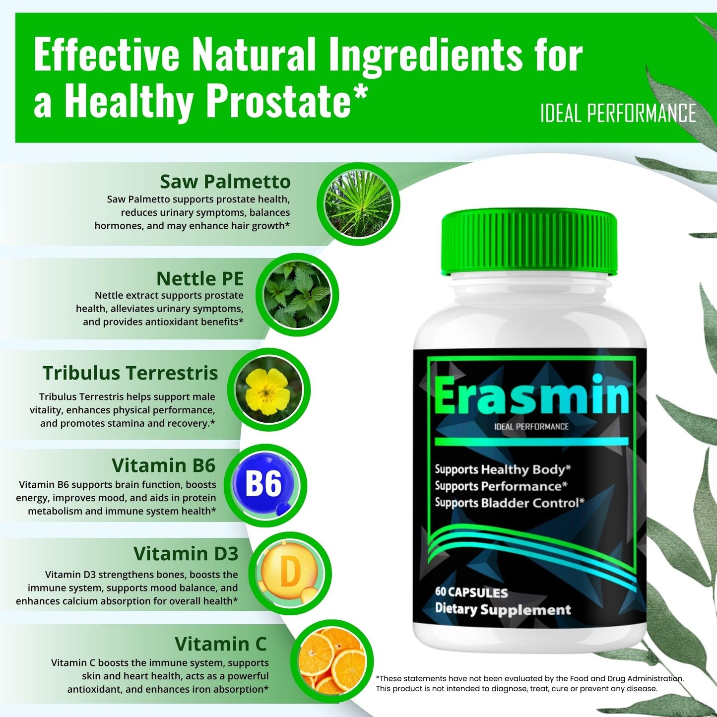 IDEAL PERFORMANCE Erasmin Prostate Health Capsules, Bladder Comfort & Daily Urinary Support, Maximum Strength, 60 Capsules