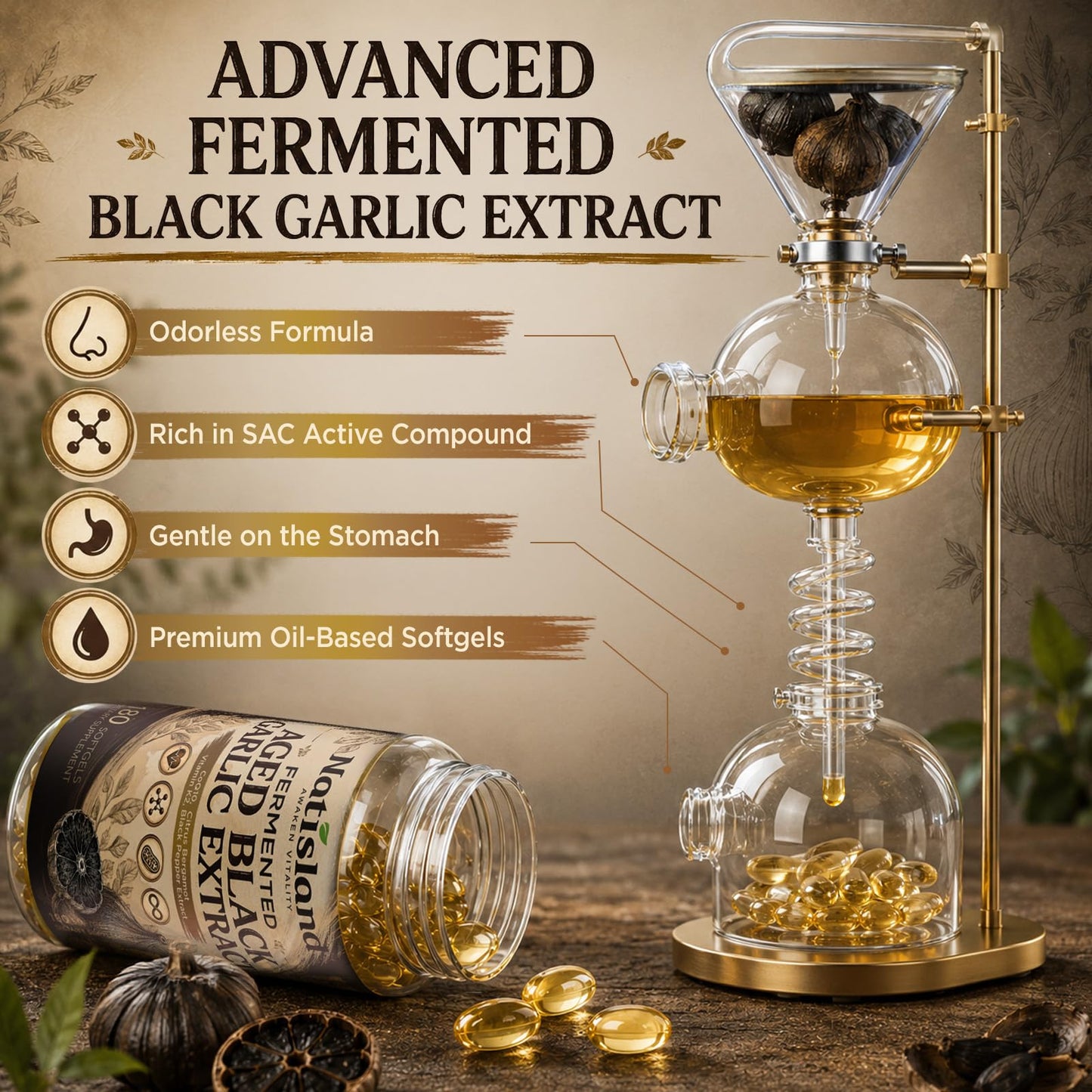 NATISLAND Aged Black Garlic Extract Softgels, 180 Softgels