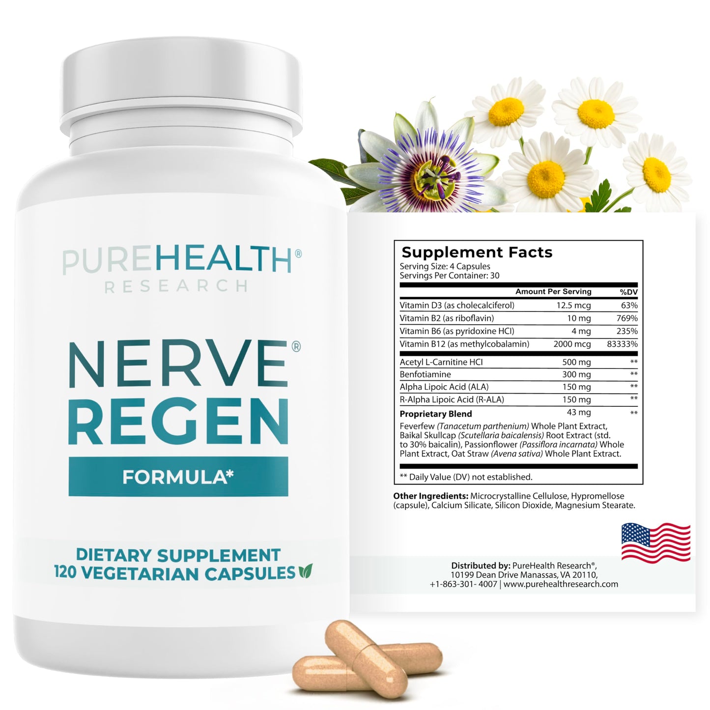 PUREHEALTH RESEARCH Nerve Regen Formula Nerve Support Supplement with Alpha Lipoic Acid ALA, Benfotiamine, Acetyl L-Carnitine, Riboflavin, Vitamin B6, B12, D3, 60 Capsules