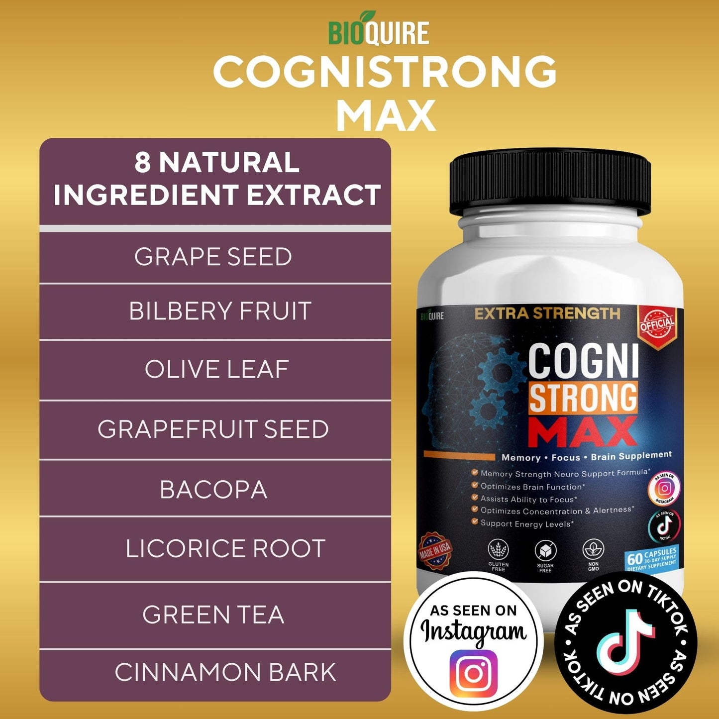 BIOQUIRE CogniStrong Max Extra Strength Memory and Focus Supplement Capsules 60