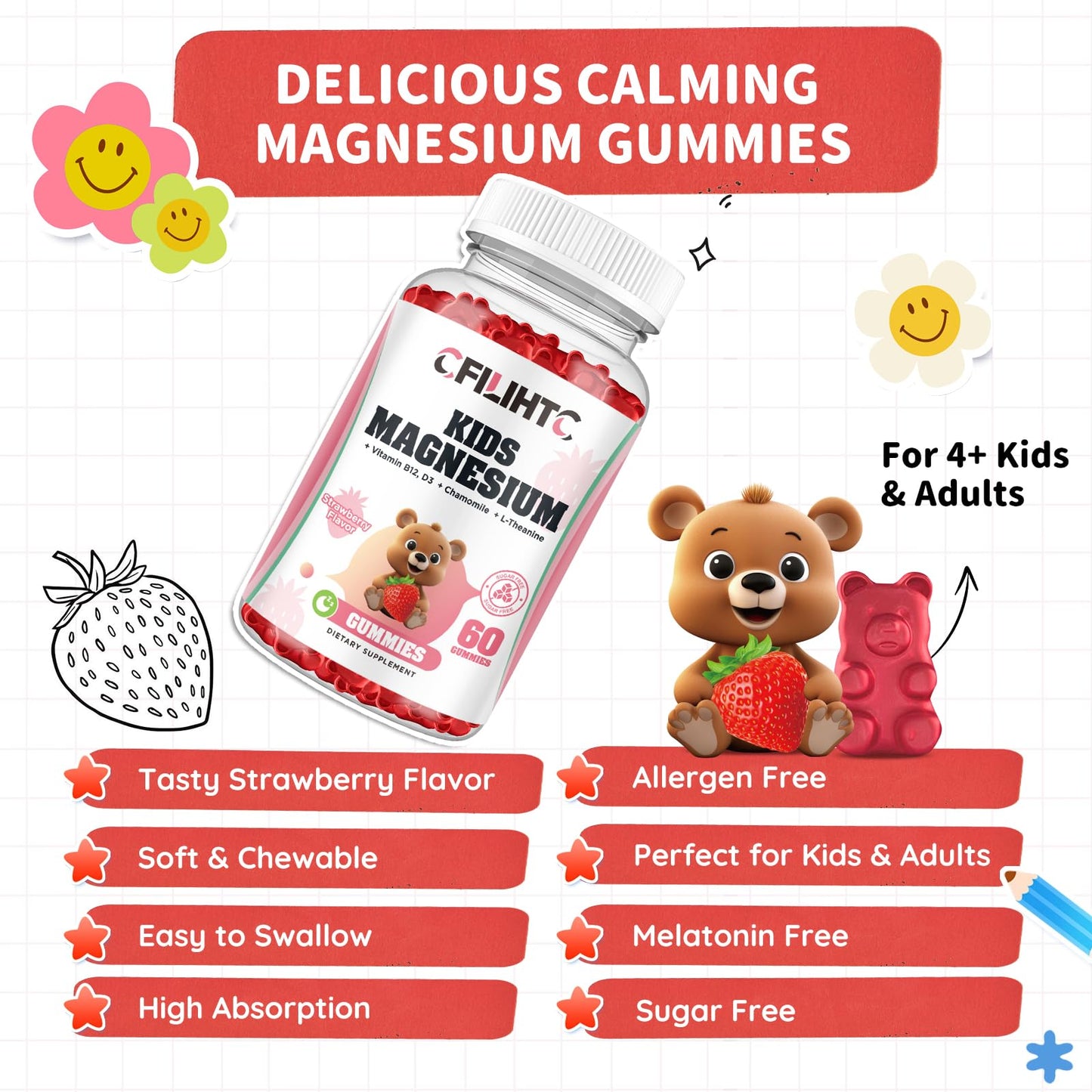 CFILIHTC Magnesium Glycinate Gummies for Kids and Adults, 60 Count
