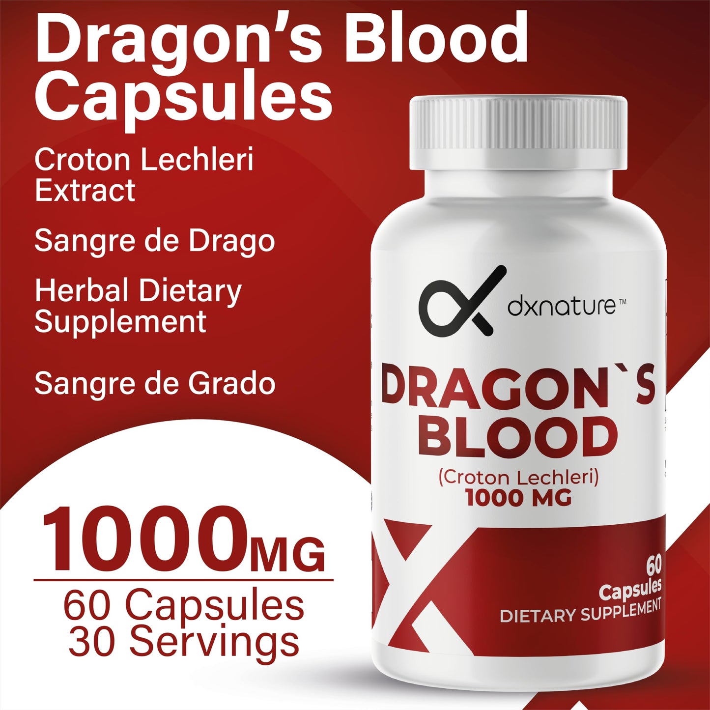 DXNATURE Dragon’s Blood Capsules 1000 mg Croton Lechleri Extract Digestive & Skin Support, 60 Capsules