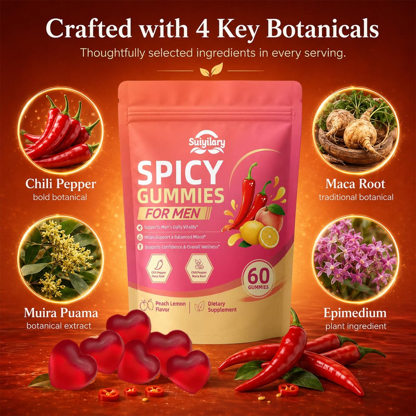 Suiyilary Spicy Gummies Cubes for Couples, Adults Hot Peach Flavor, Gummy, 60 Count