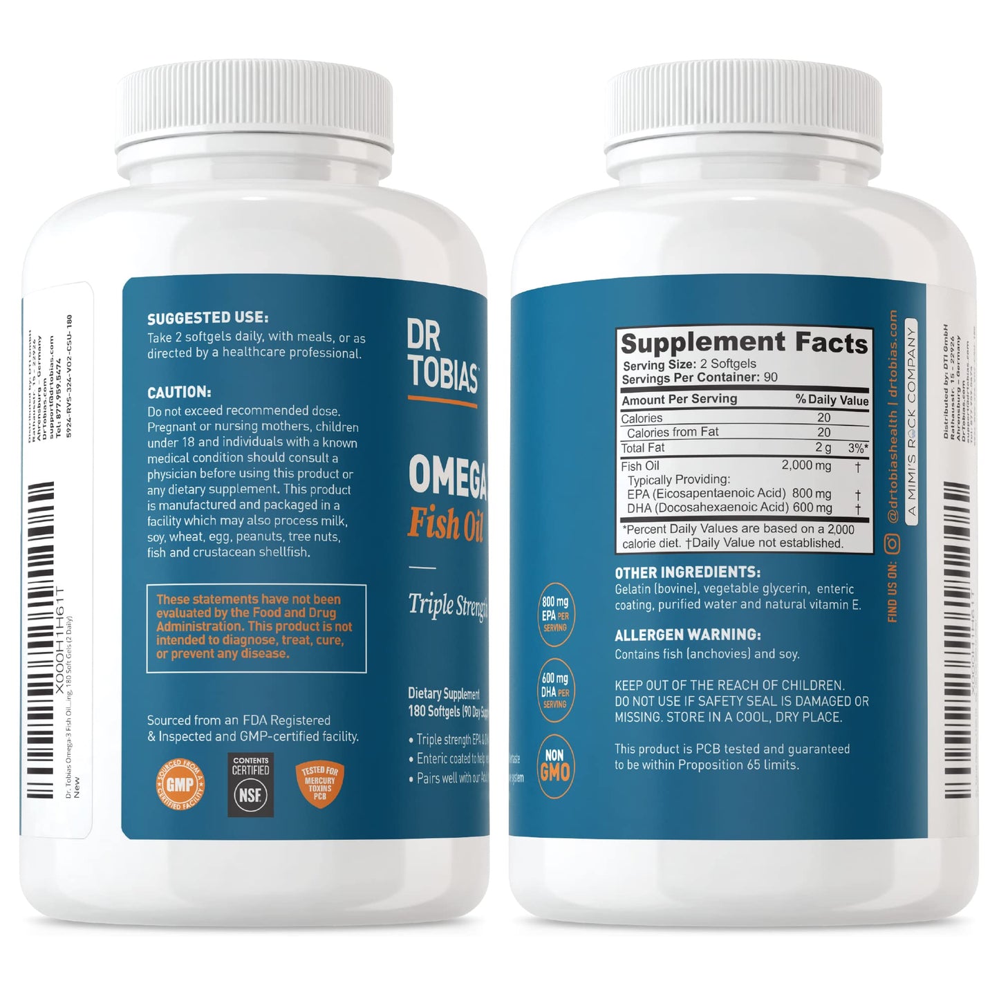 Dr. Tobias Omega 3 Fish Oil 2000mg Triple Strength with 800mg EPA 600mg DHA Per Serving Softgels 360