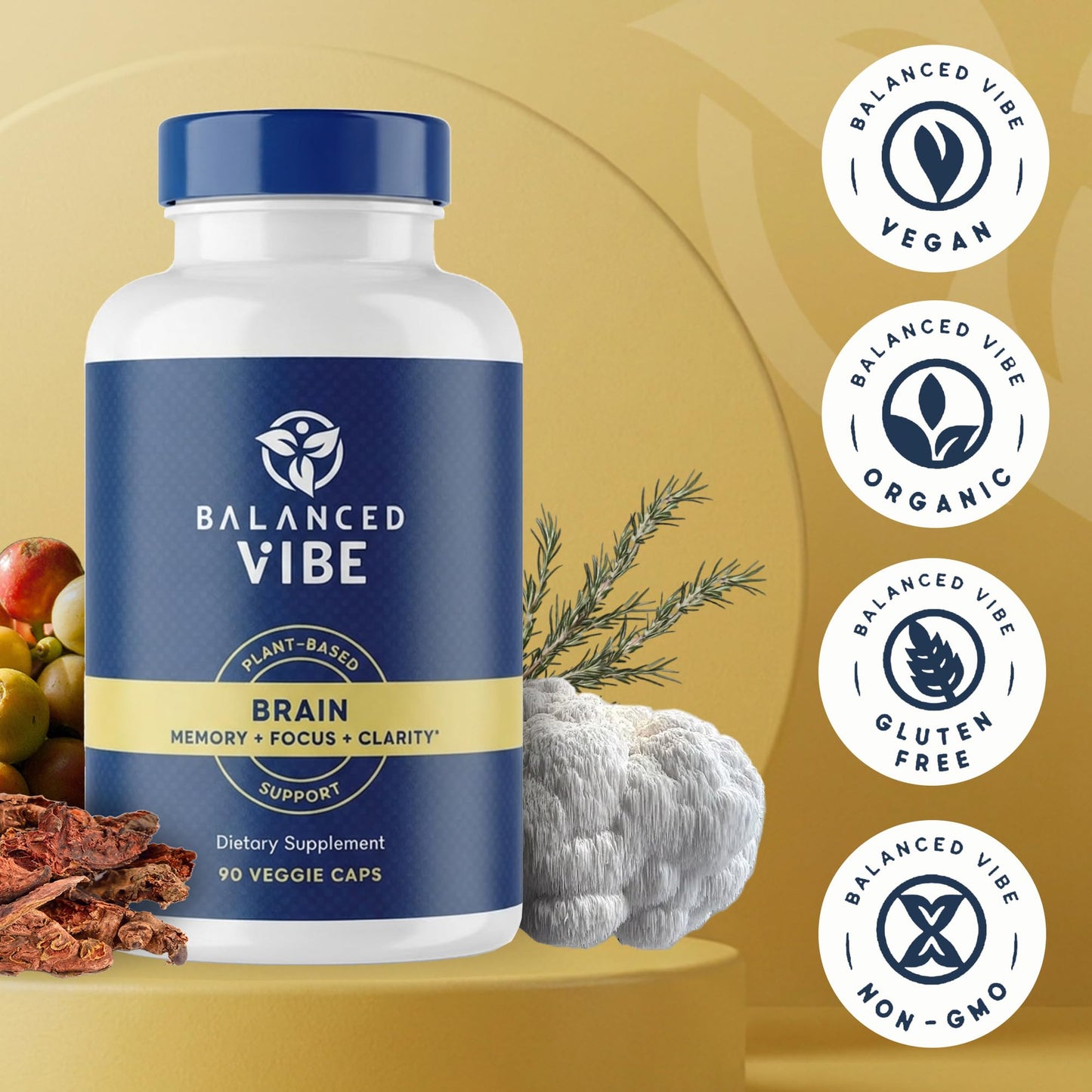 Balanced Vibe Brain Supplement 8 in 1 with Lion's Mane, Bacopa, Rhodiola, Ginkgo Capsules, 90 Capsules