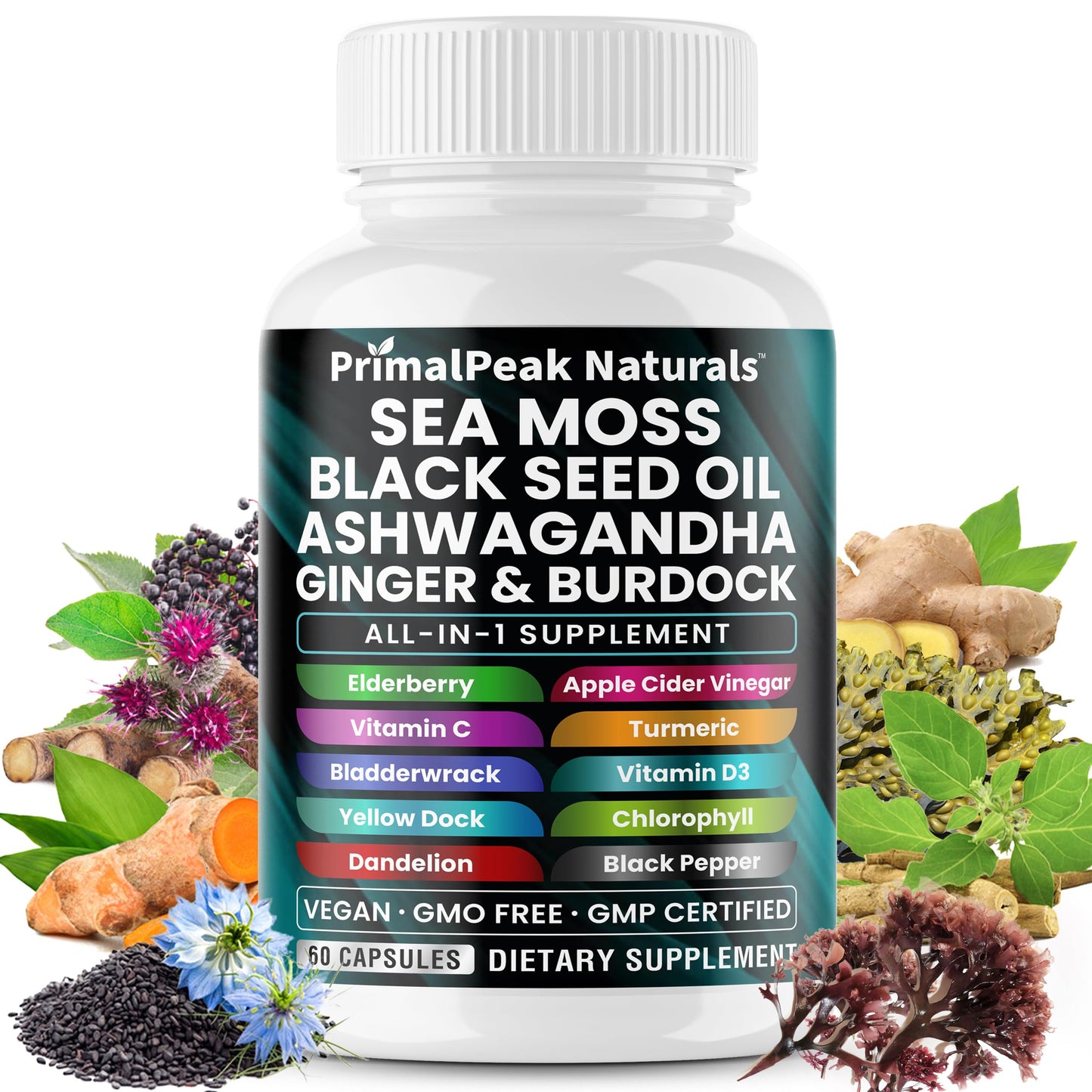 PrimalPeak Naturals Sea Moss Black Seed Oil Ashwagandha Ginger Burdock Bladderwrack Turmeric & Vitamin C Vitamin D3 with ACV Elderberry Chlorophyll Dandelion Yellow Dock Vegan Capsules - 60 Count