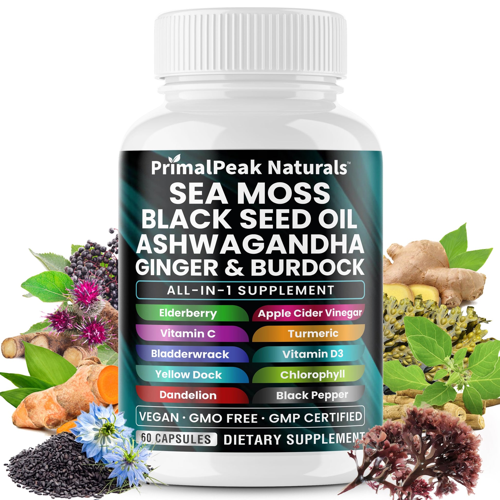 PrimalPeak Naturals Sea Moss Black Seed Oil Ashwagandha Ginger Burdock Bladderwrack Turmeric & Vitamin C Vitamin D3 with ACV Elderberry Chlorophyll Dandelion Yellow Dock Vegan Capsules - 60 Count