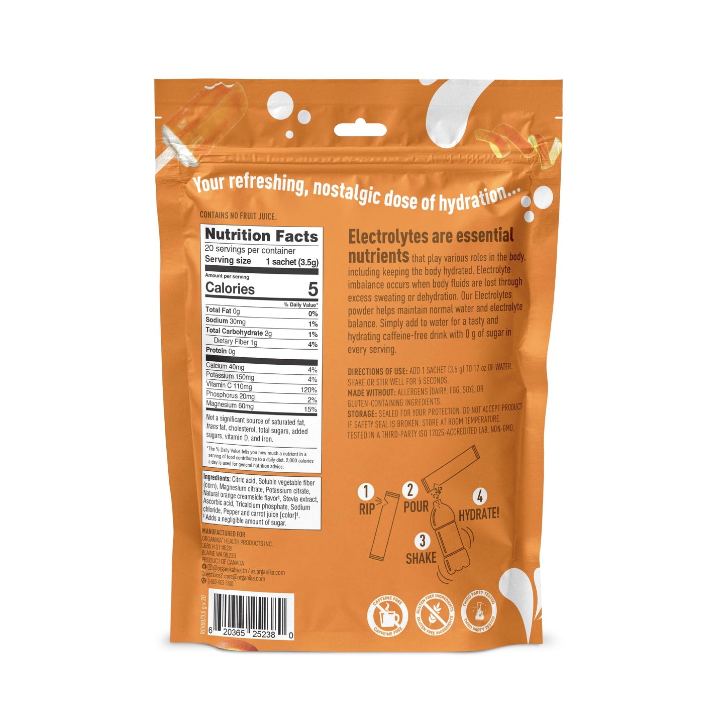 Organika Electrolytes Orange Cream Sachets Powder, 20 Count