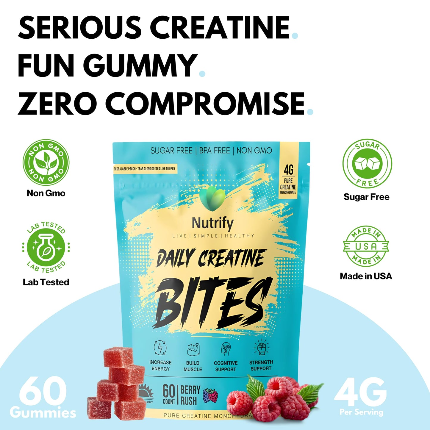 Nutrify Creatine Gummies, 4g Creatine Monohydrate per Serving, 60 Gummies