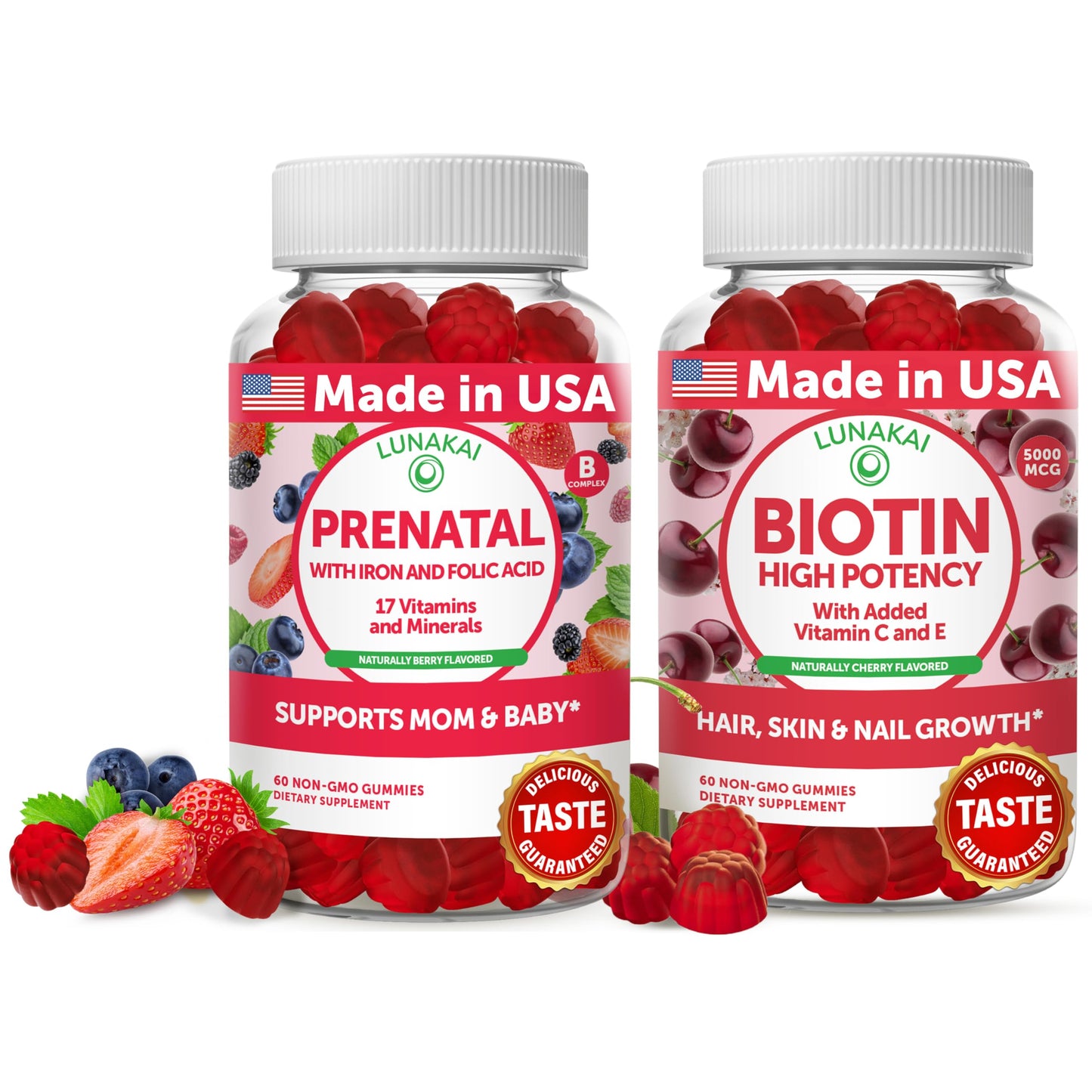 Lunakai USA Made 17-in-1 Prenatal Vitamins and Biotin Gummies, 120 Gummies