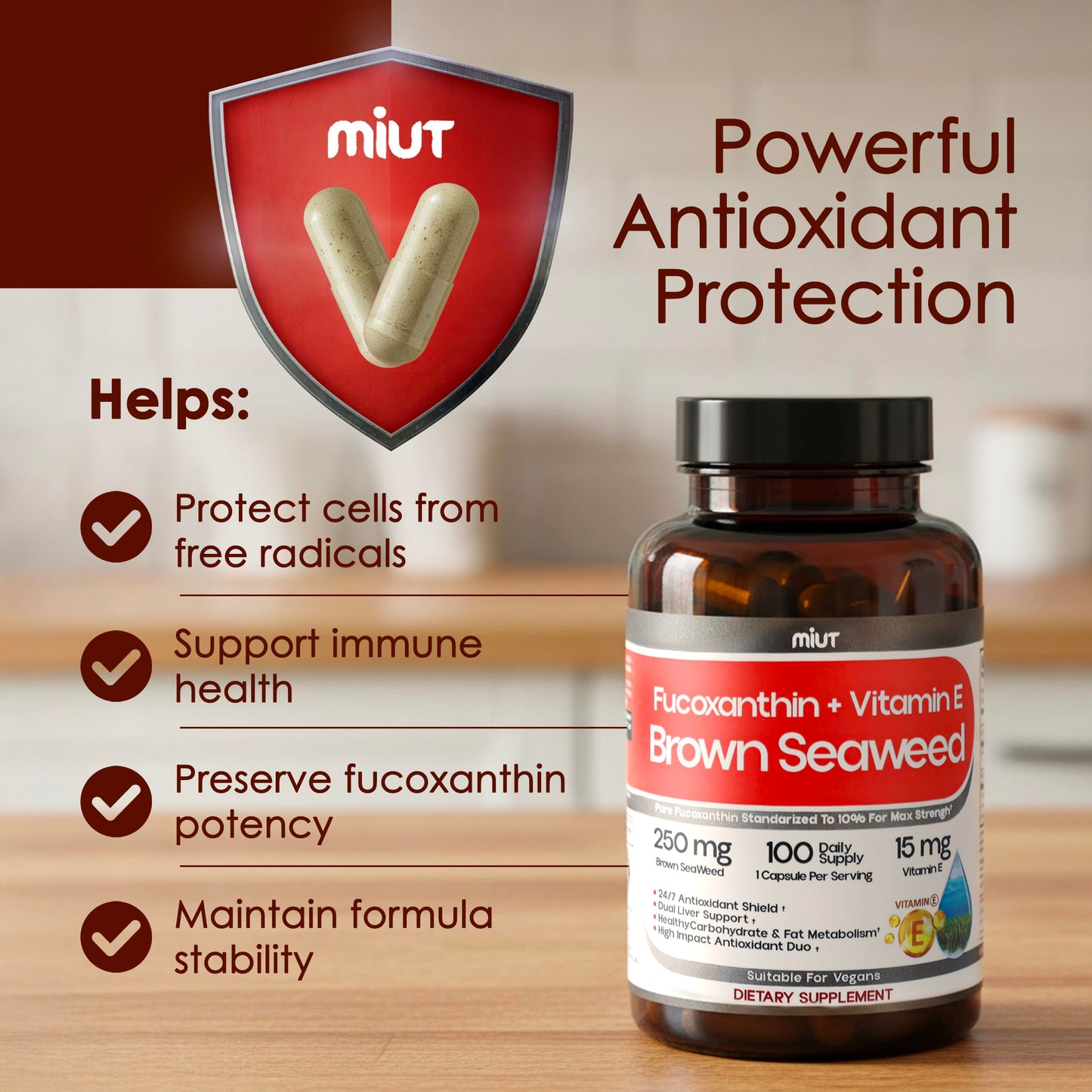 MIUT Fucoxanthin Brown Seaweed Extract Supplement 250mg - 10% Standardized Fucoxanthin with Vitamin E & MCT Oil, Non-GMO, Capsules, 100 Count