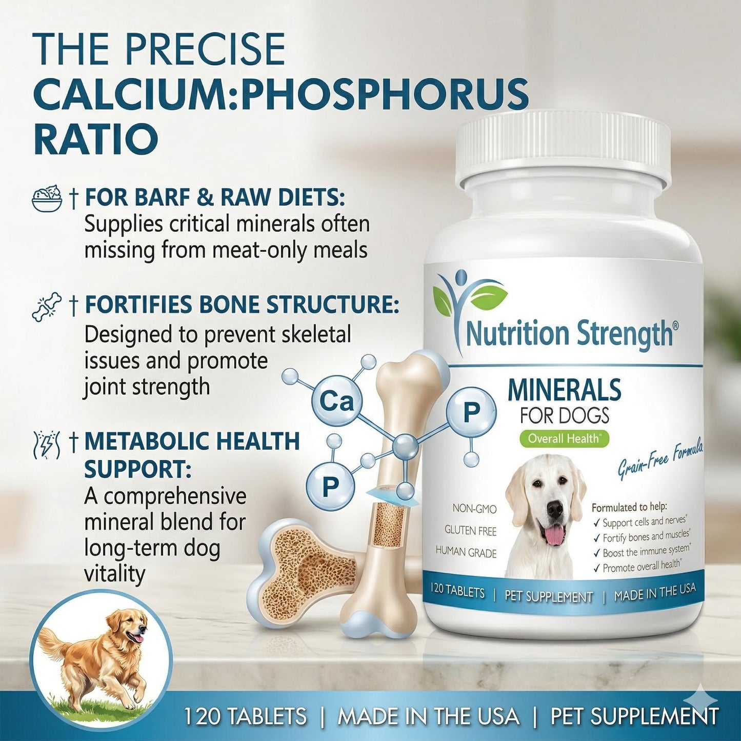 Nutrition Strength Dog Minerals & Electrolytes - Essential Raw Diet Balancer & Senior Dog Vitality Support - Calcium, Magnesium, Zinc, Iron & Selenium for Bone, Muscle & Nerve Health, 120 Tablets