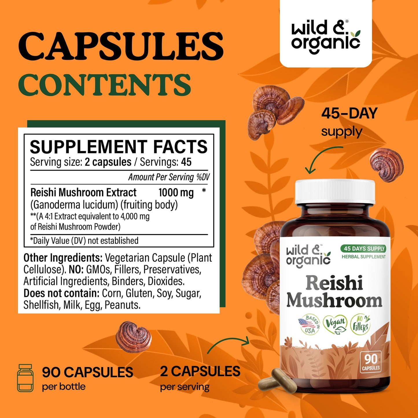 Wild & Organic Reishi Mushroom Capsules 1000 mg Immune Support Ganoderma Lucidum Extract Supplement, 90 Capsules