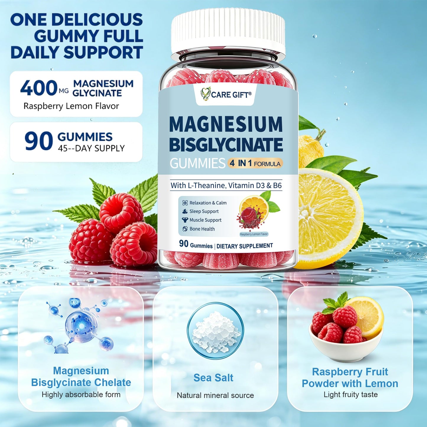 CARE GIFT Magnesium Bisglycinate Gummies 400mg with Vitamin D3, B6 & L-Theanine, Sleep Support, Calm, Muscle Relaxation, Bone Health, 90 Gummies