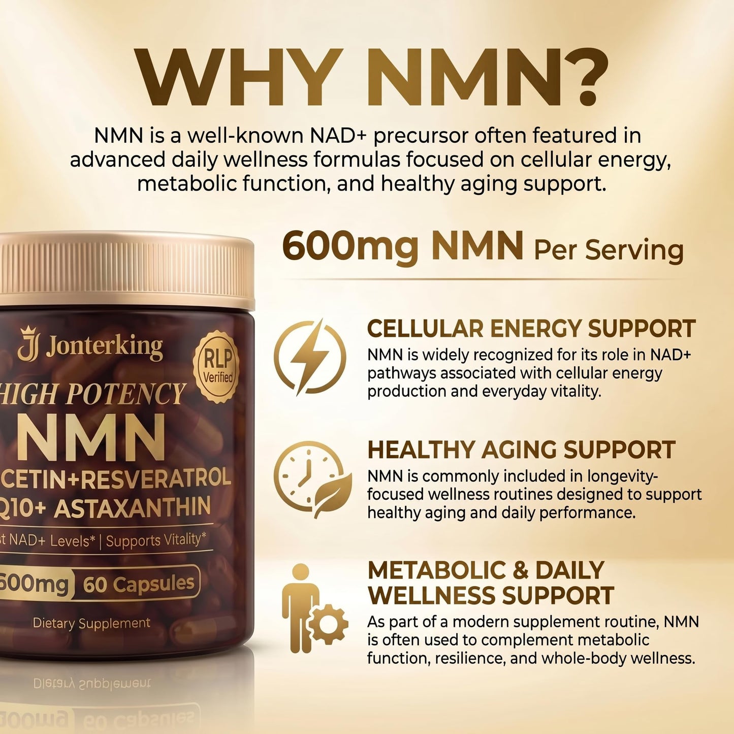 JonterKing NMN Supplement 1200mg Pure Liposomal NMN Booster for NAD+ Supports Cellular Energy & NAD+ Levels Softgels 120