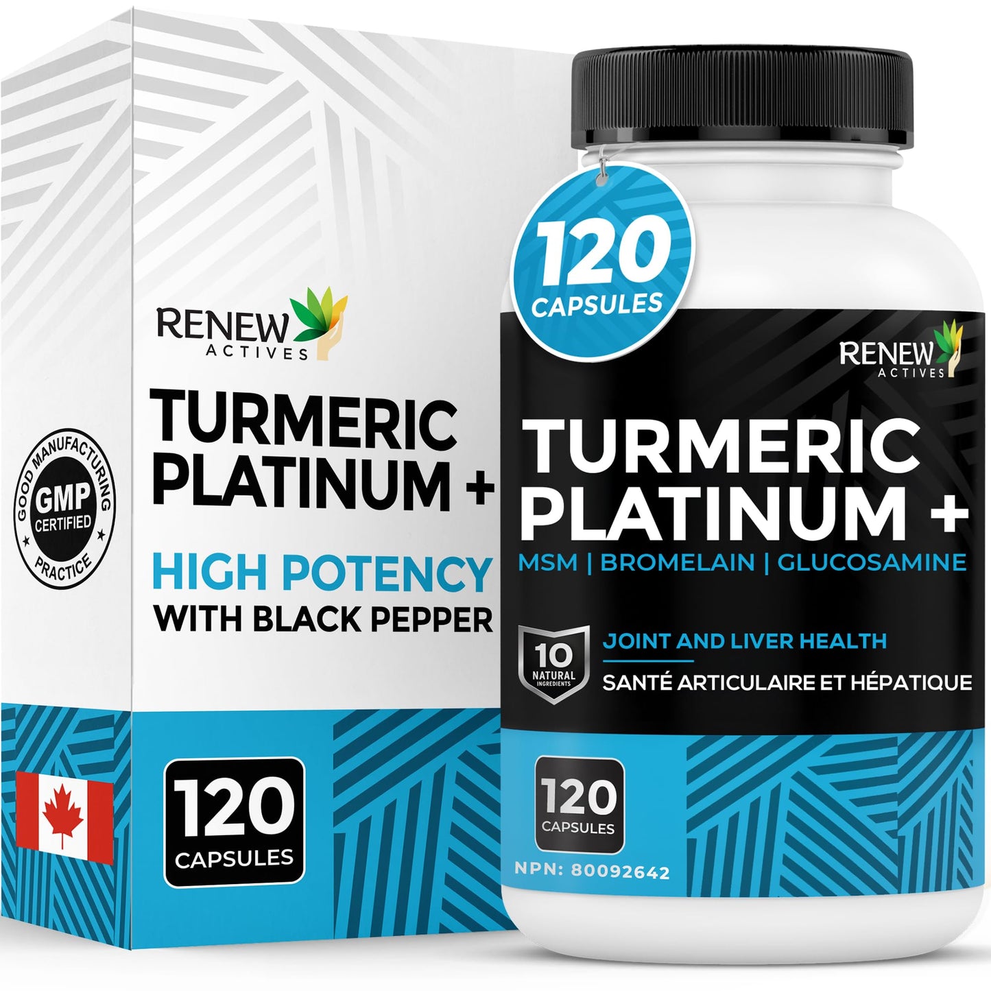 Renew Actives Turmeric Platinum 1350MG per 3 Capsules with Black Pepper & Ginger, 120 Capsules