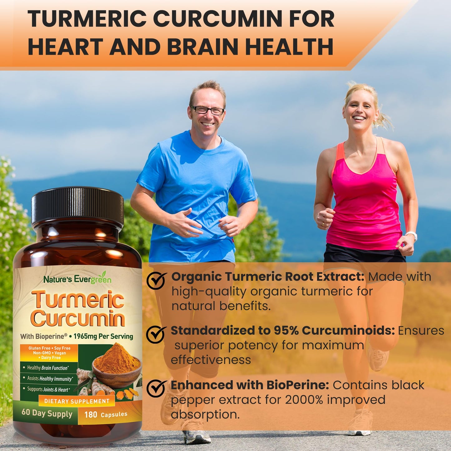 Nature's Evergreen Turmeric Curcumin with Black Pepper Extract (Bioperine) & Organic Turmeric Vegan Joint Support Supplement, 95% Curcuminoids, 1965mg, 180 Capsules