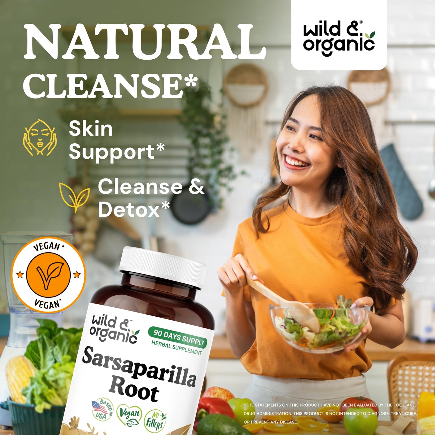 Wild & Organic Sarsaparilla Root 1000mg Capsules, 180 Count