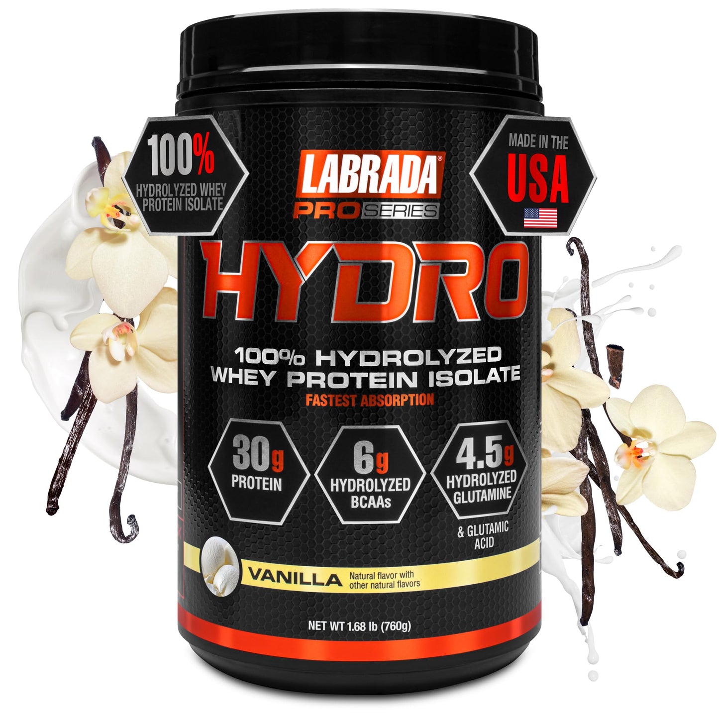 Labrada Hydro 100% Pure Hydrolyzed Whey Protein Isolate Powder, Vanilla, 1.68 lb