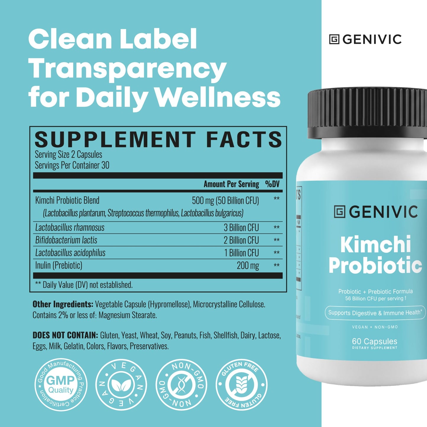 Genivic Kimchi Probiotic Capsules 60 Count