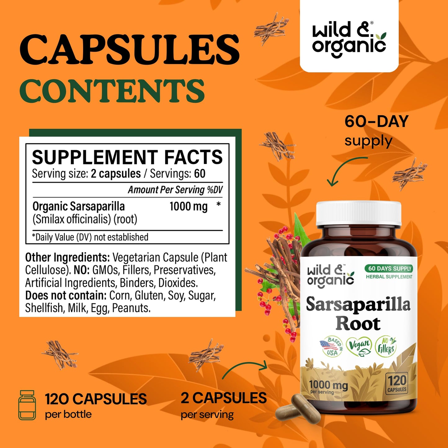 Wild & Organic Sarsaparilla Root Capsules 1000mg Detox Support, 120 Capsules