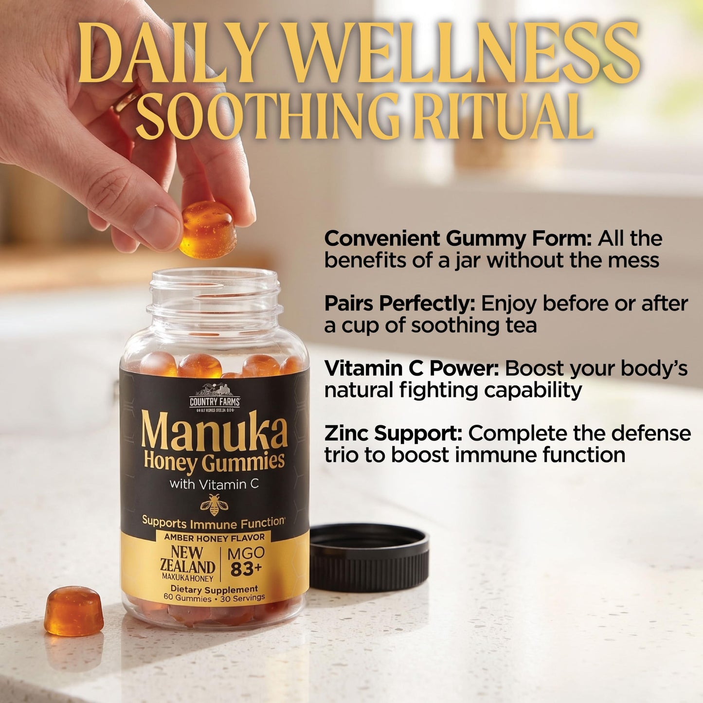 Country Farms Manuka Honey Gummies with Vitamin C – New Zealand MGO 83+ – Immune Support, 60 Gummies