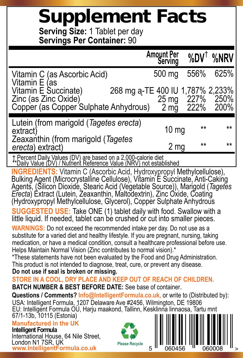 Intelligent Formula Vision Defender AMD AREDS2 Eye Vitamins 90 Tablets