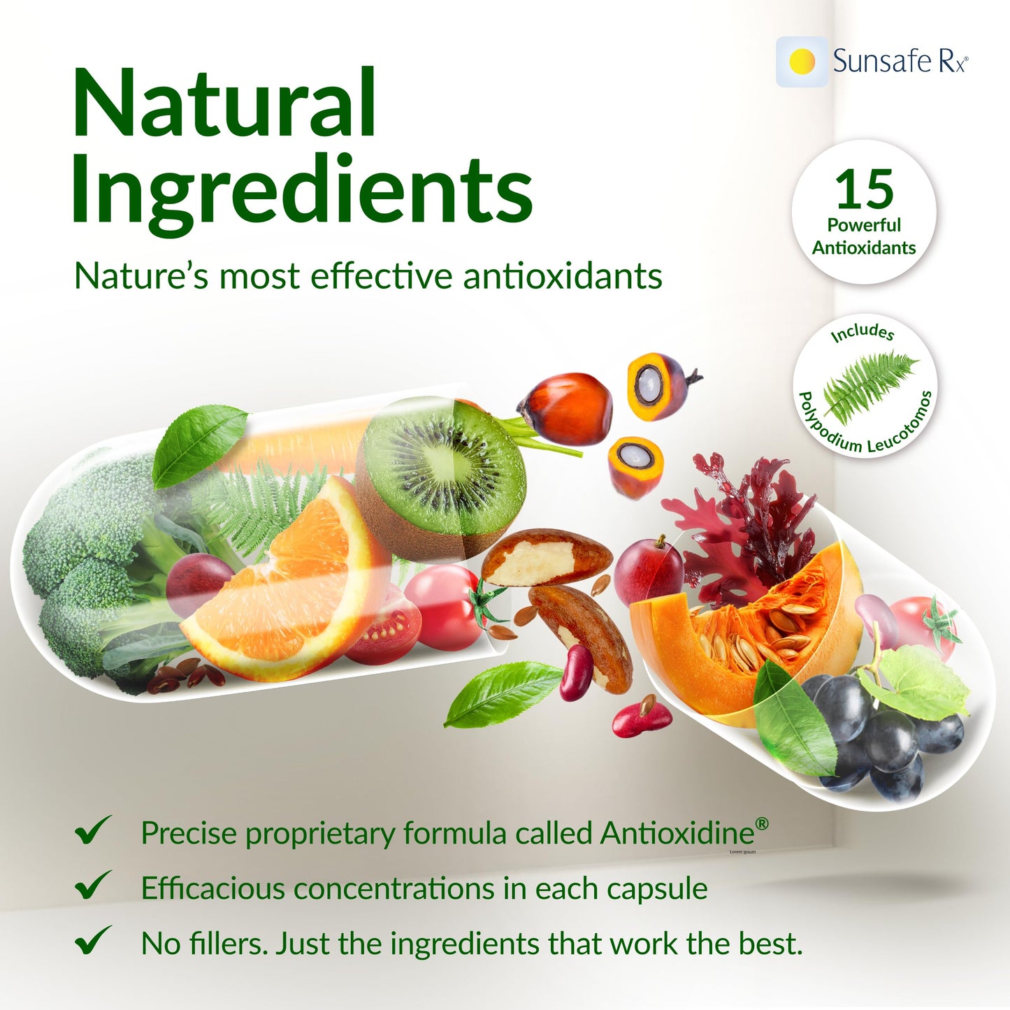 Sunsafe Rx Anti Aging Supplement: Natural Skin Protection Capsules with Antioxidants for a Youthful Appearance & Eye Health + Vitamins, Minerals, & 250mg Polypodium Leucotomos, 60 Capsules