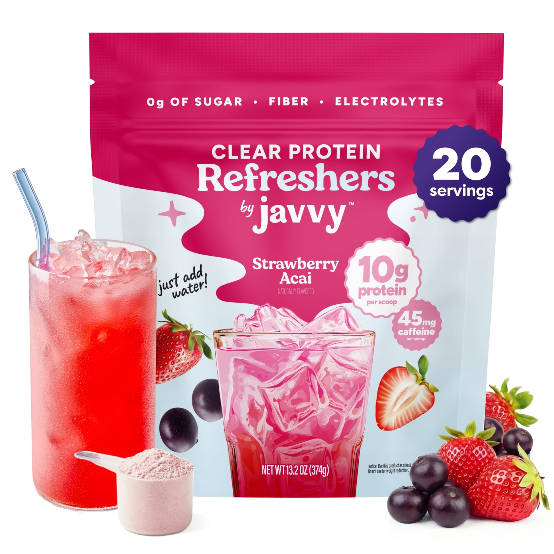 Javvy Clear Protein Powder with Clear Whey Protein, Strawberry Berry Acai, 13.2