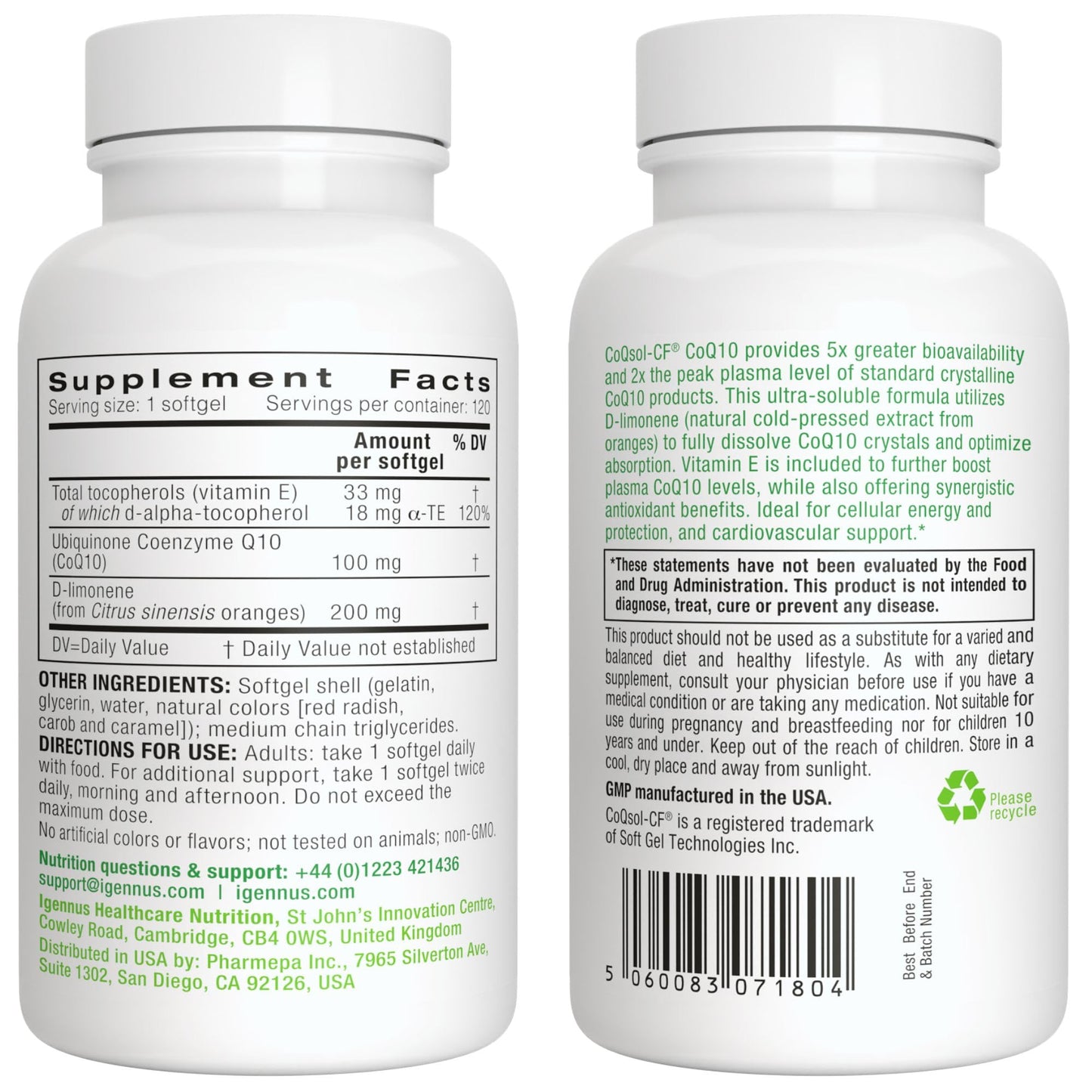 Igennus Healthcare Nutrition Advanced CoQSol CoQ10 100mg Softgels, 120 Count