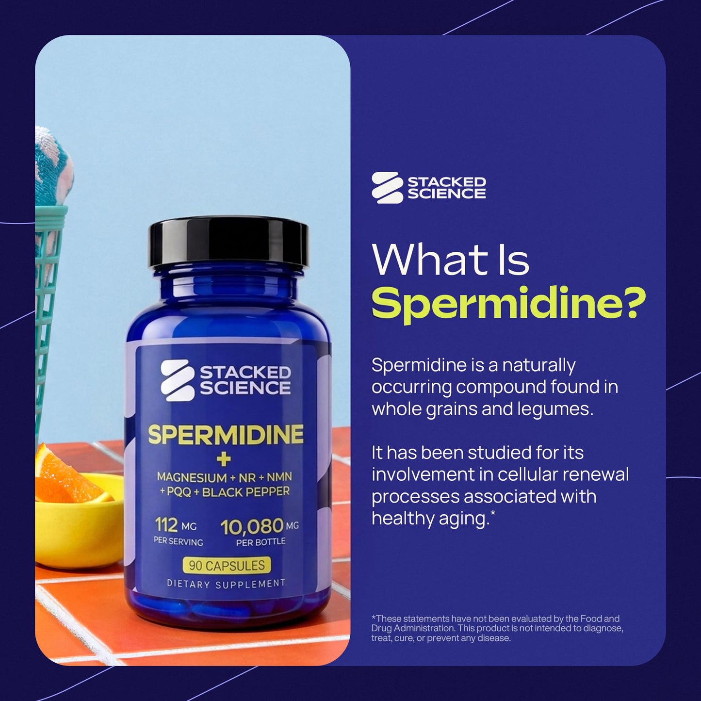 Stacked Science Spermidine 12 mg with Proprietary Blend, NR, NMN, PQQ, Magnesium Bisglycinate, Black Pepper Capsules 90 Count
