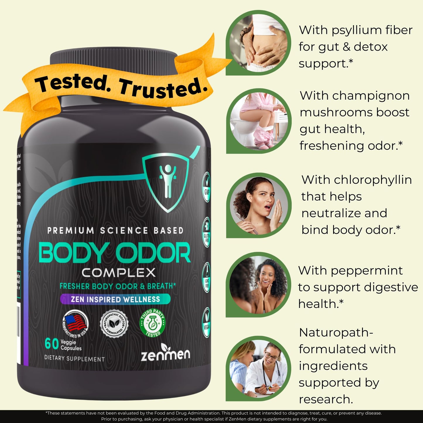 Zenmen Chlorophyll & Zinc Capsules - Internal Deodorant Supplement for Whole Body Freshness & Digestive Comfort, 60 Capsules