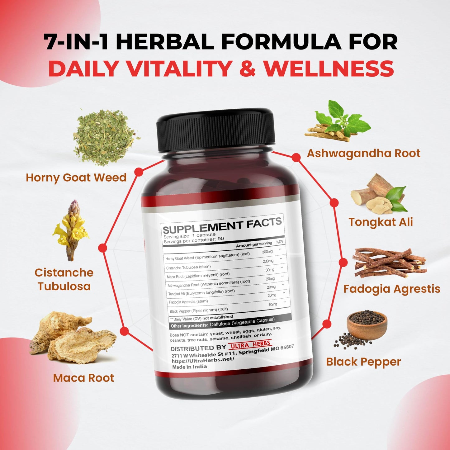 ULTRA HERBS Horny Goat Weed Tongkat Ali Maca Root Tribulus with Fadogia Ashwagandha Ginseng L-Arginine Capsule 90 Count