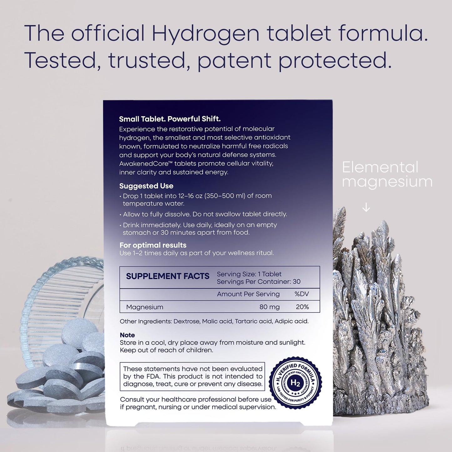 AwakenedCore Hydrogen Water Tablets with Magnesium - Molecular H2, 12 PPM - 30 Tablets