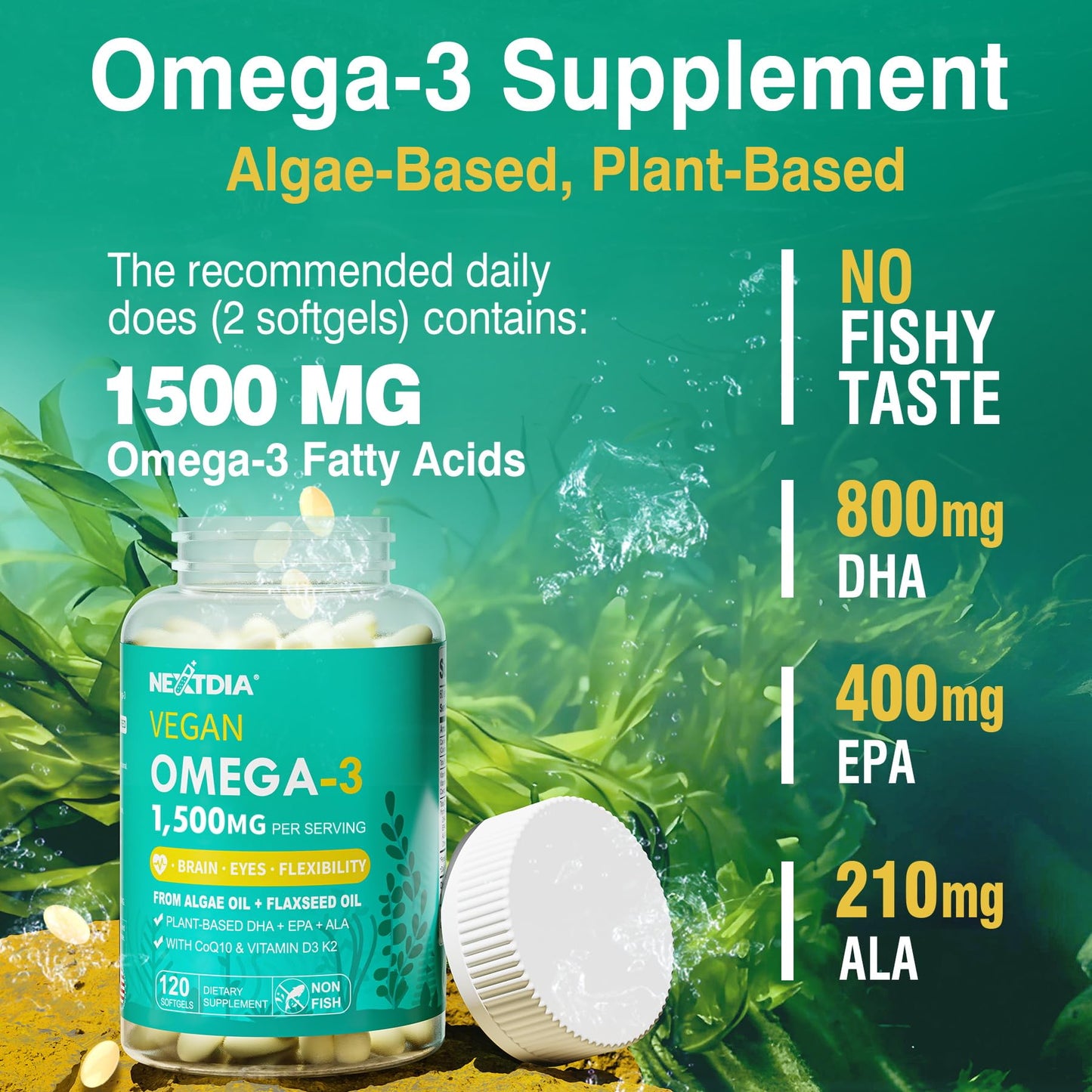 Nextdia Vegan Omega-3 EPA DHA ALA Supplements + CoQ10, Vitamin D3 K2 120 Softgels