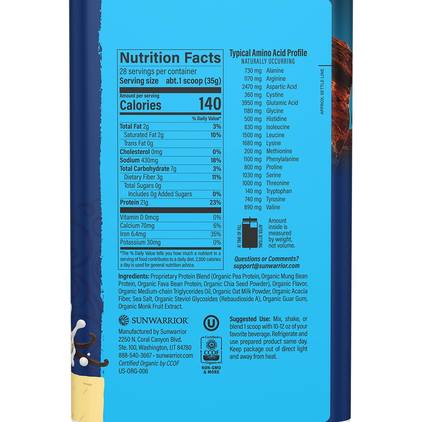 Sunwarrior Organic Plant-Based Protein Powder, Vanilla Flavored, 35.04 oz