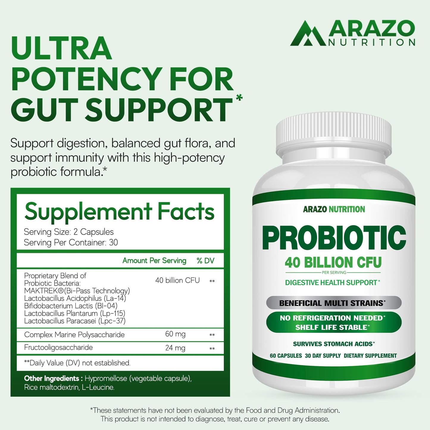 Arazo Nutrition Probiotic 40 Billion CFU Per Serving Time Delay Release with Prebiotics and Acidophilus, 60 Capsules