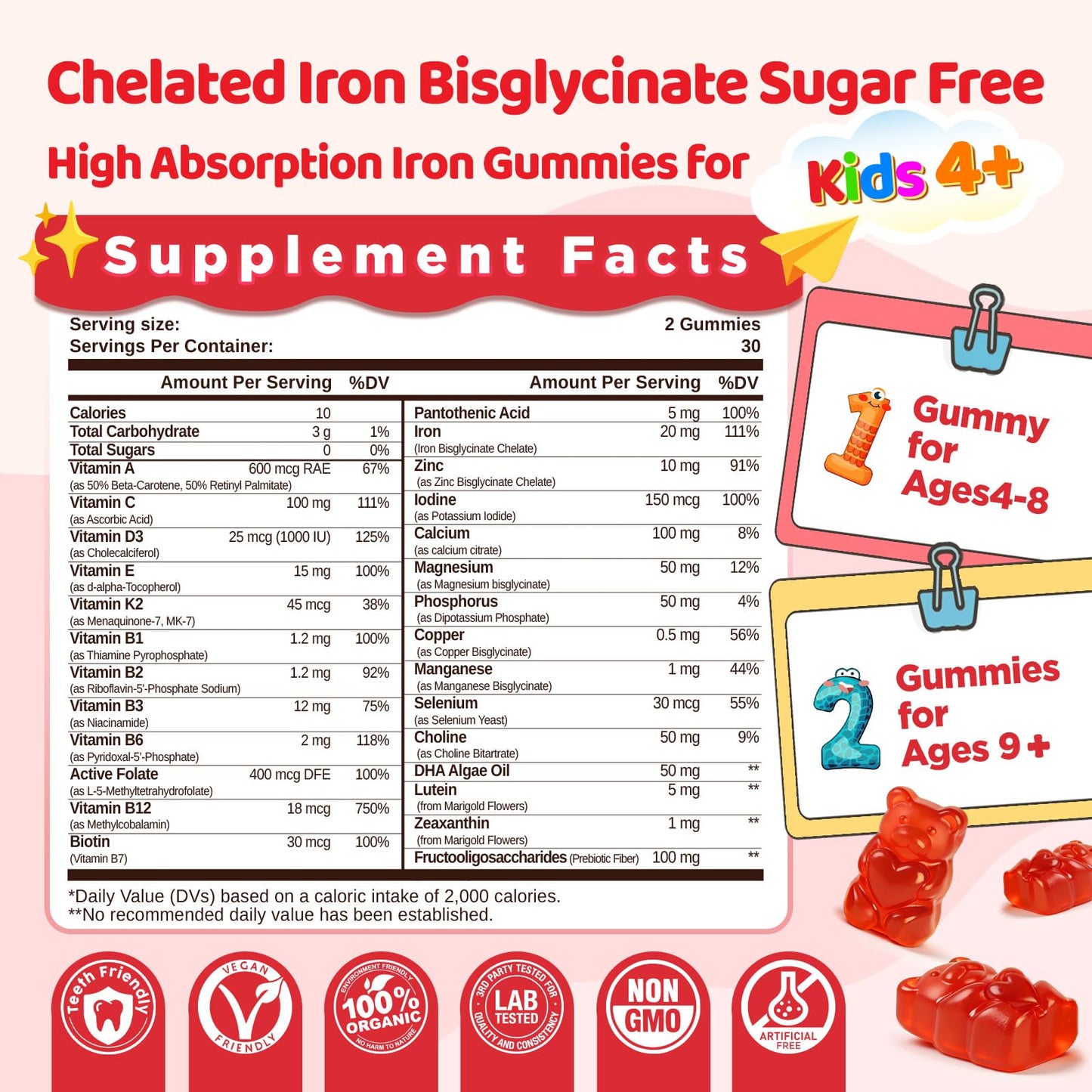 duwhot Iron Gummies for Kids Teens, Gentle Iron Bisglycinate with Vitamin C Gummy 120