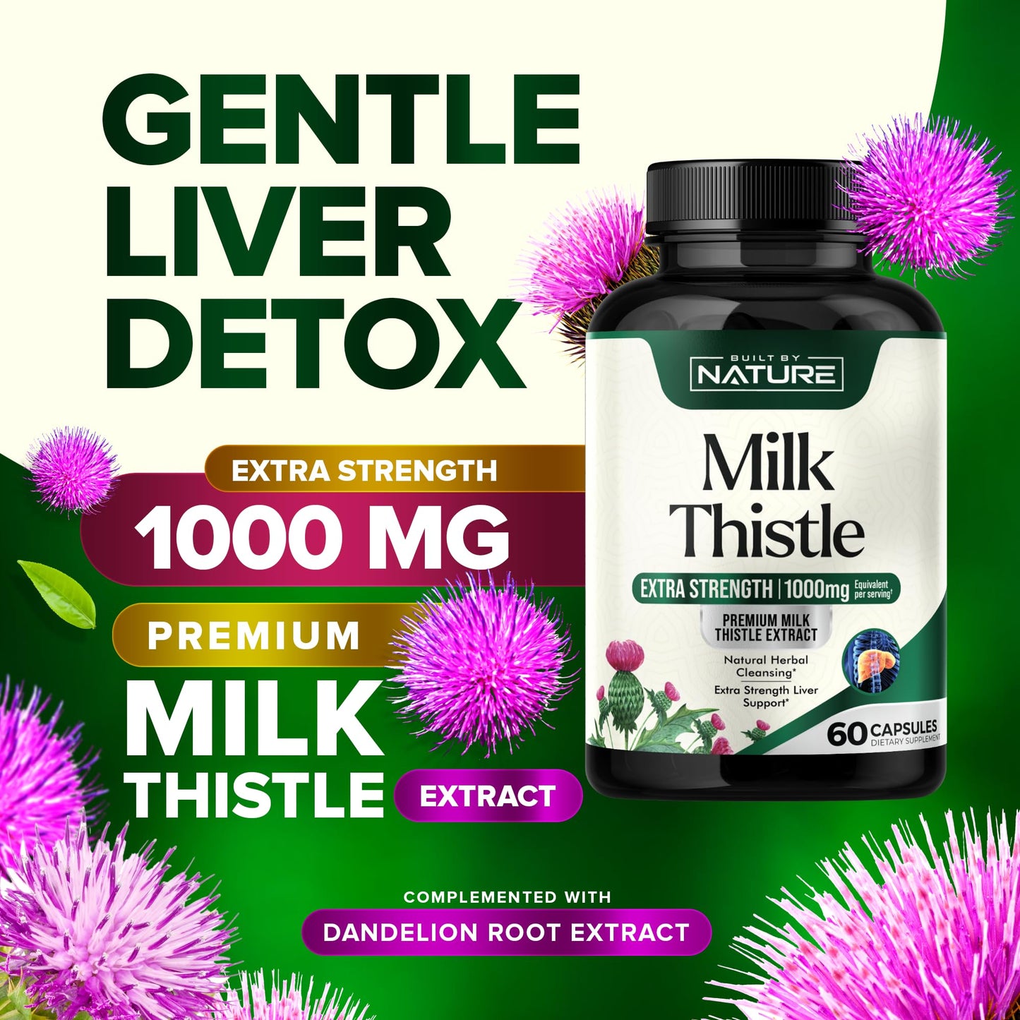 Built by Nature Milk Thistle Liver Detox Supplement with Silymarin Extract & Dandelion Root Capsules, 60 Count