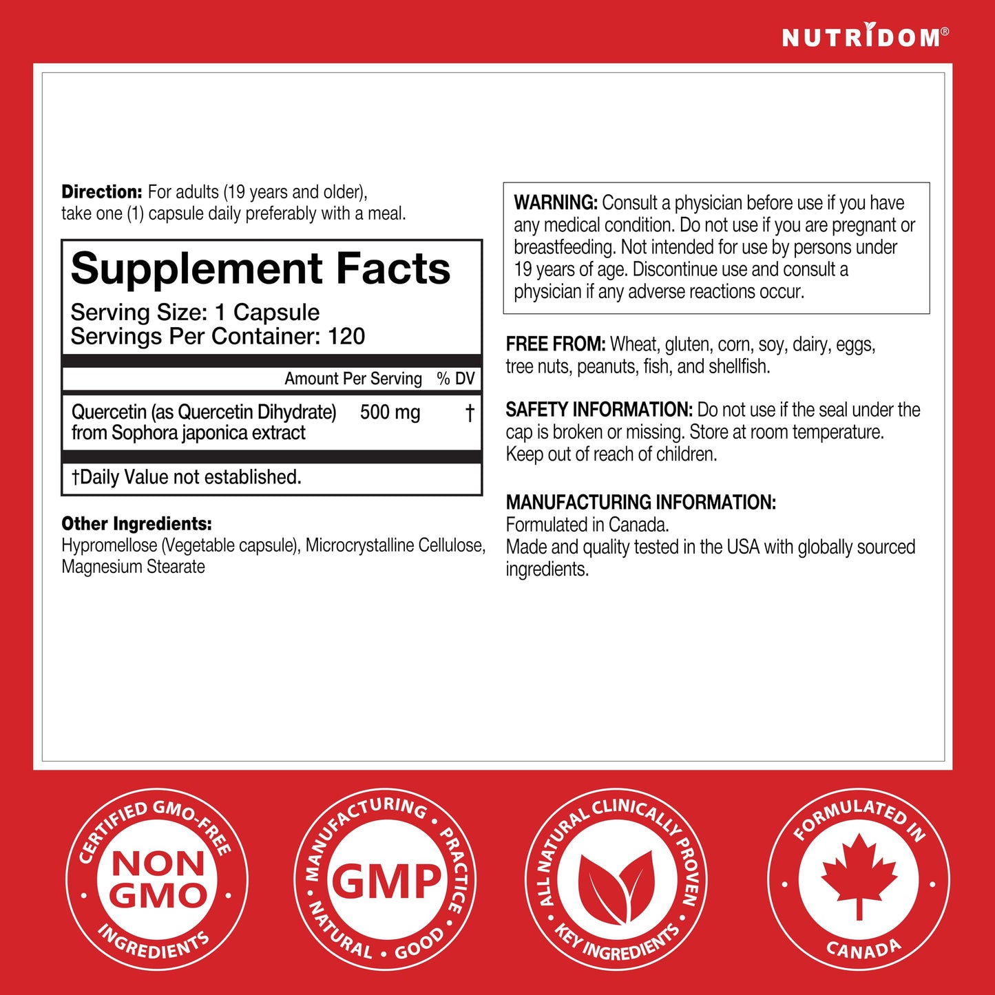 Nutridom Quercetin 500mg Capsule, 120 Capsules