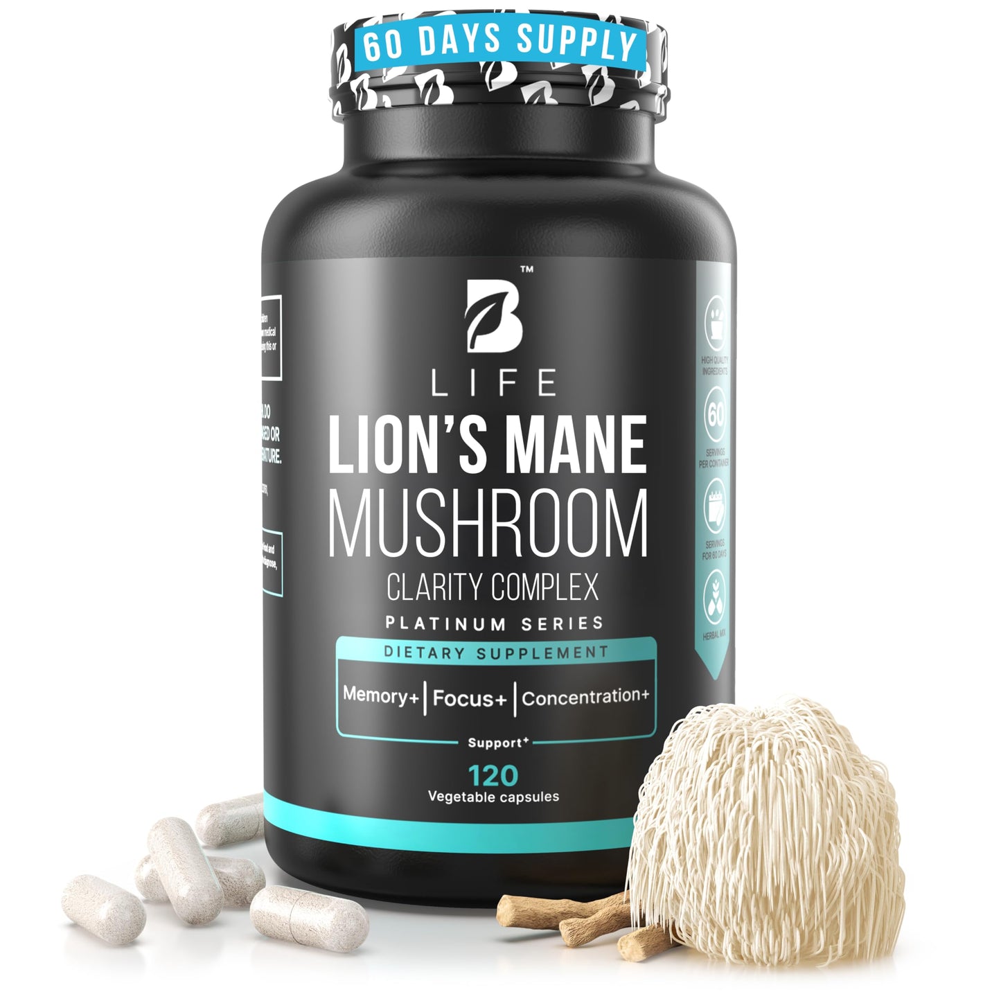 B Life Company Lion’s Mane Mushroom Capsules – Memory, Focus & Clarity – Nootropic Brain Supplement with Ashwagandha, Thiamin (B1), Magnesium L-Threonate – Cognitive and Brain Support for Mental Energy, 120 Capsules