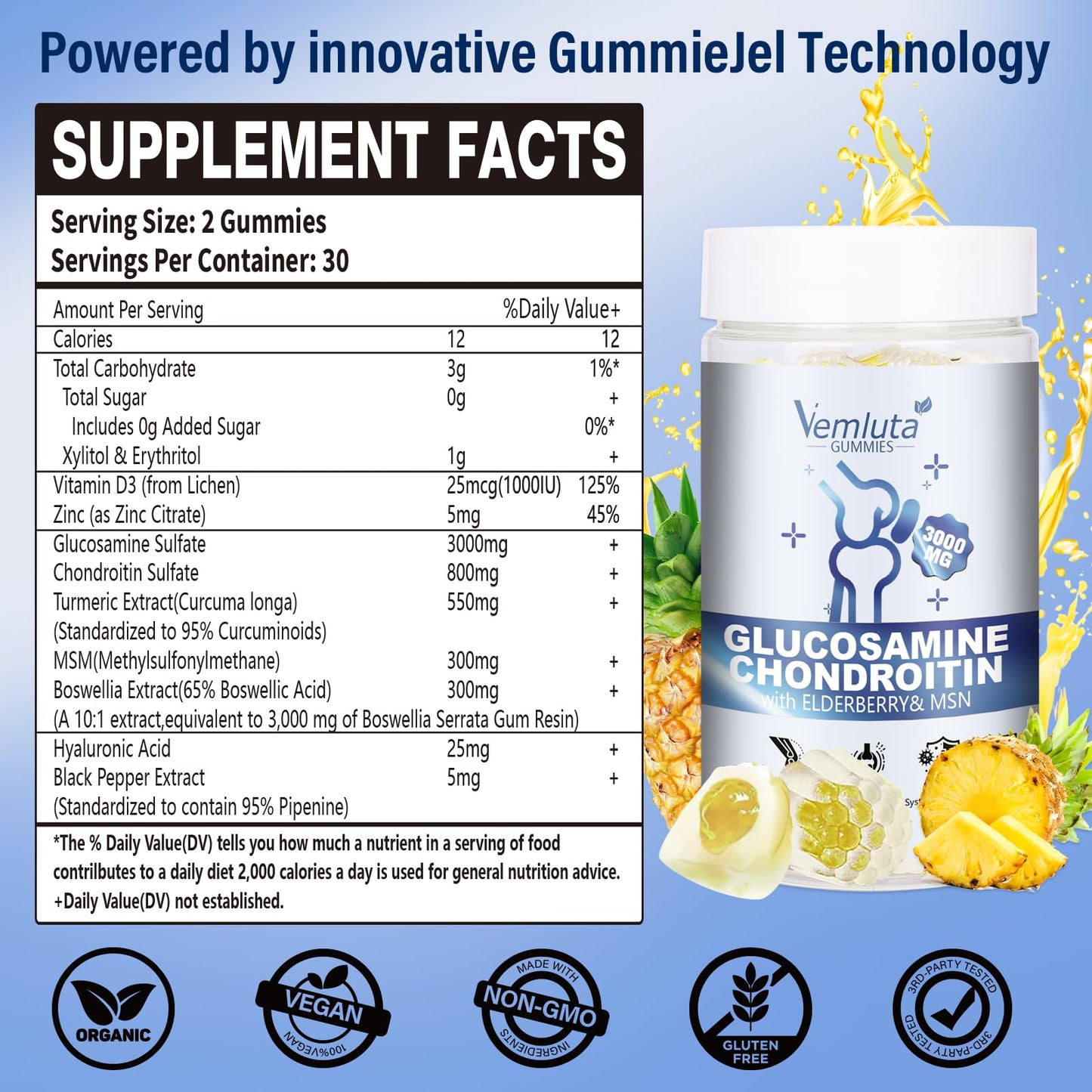 Vemluta Glucosamine Chondroitin Gummies 60 Count