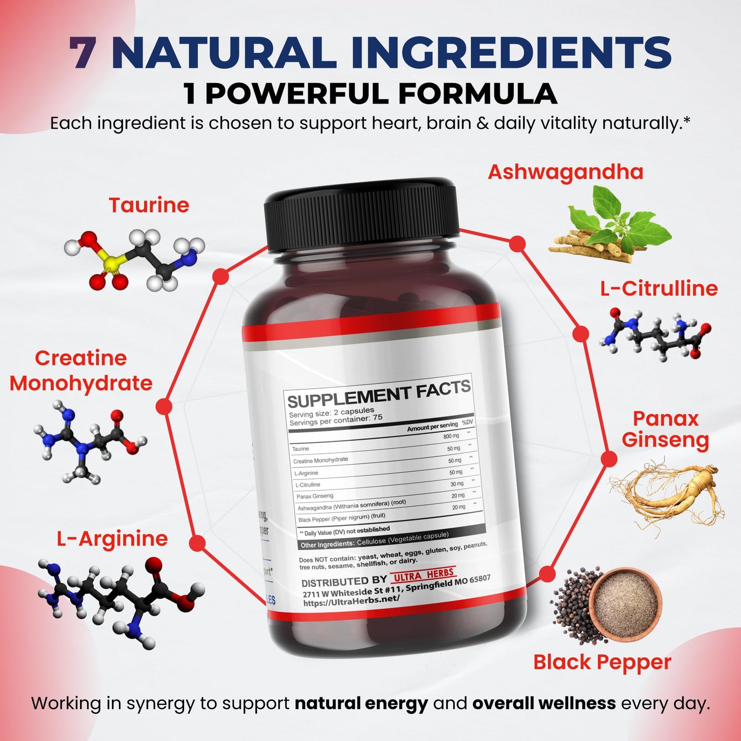 ULTRA HERBS Taurine Supplement with Creatine, L-Arginine, L-Citrulline & Panax Ginseng Capsules 150 Count