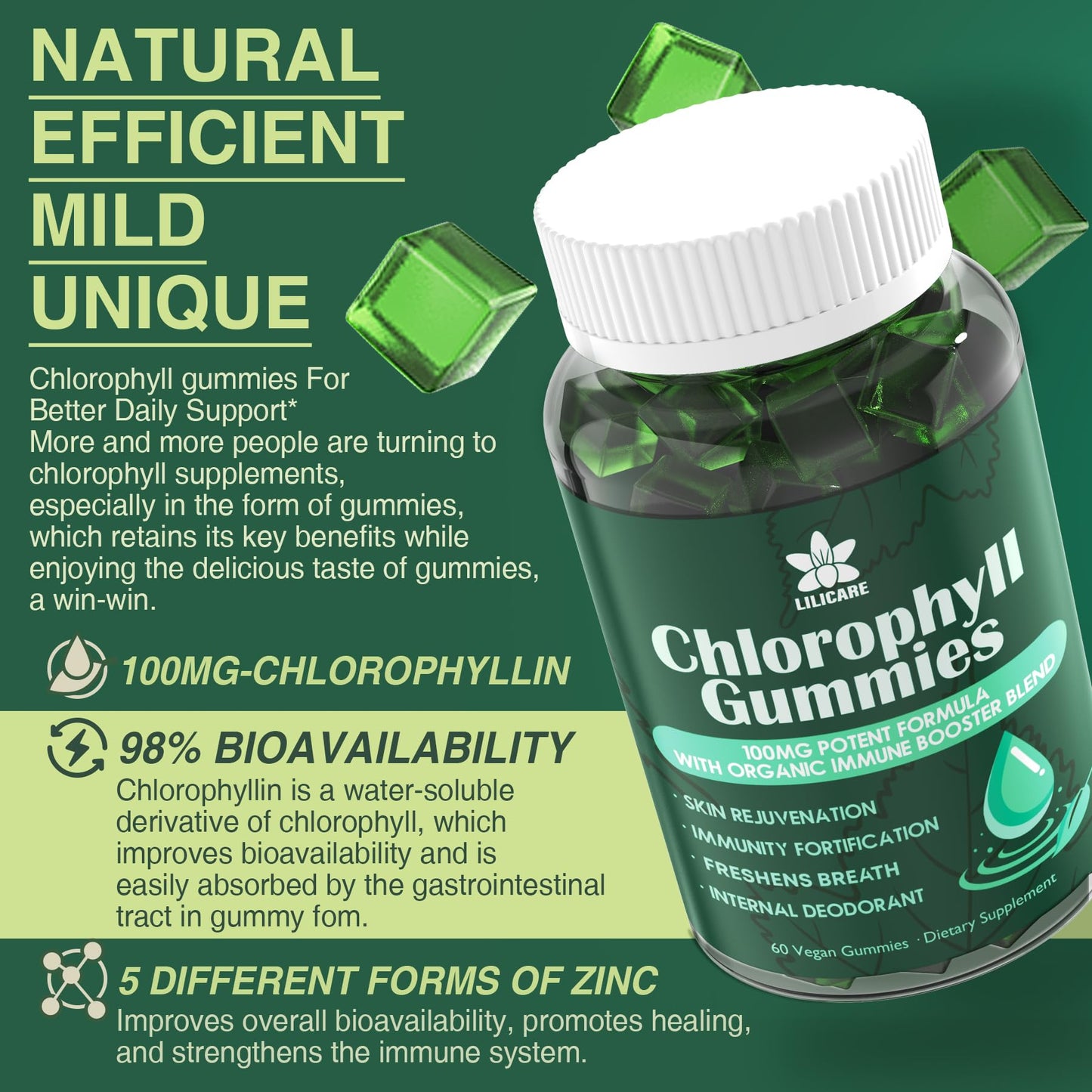 LILICARE Chlorophyll Gummies - Super Green + Organic Blue Spirulina Chlorella, 120 Gummies