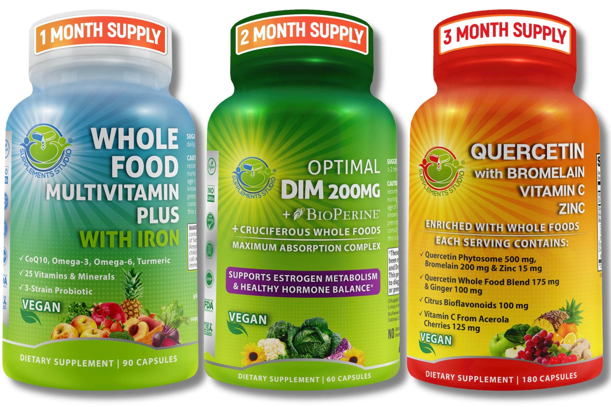 SUPPLEMENTS STUDIO Daily Hormonal & Immune Support Bundle for Women & Men - DIM 200mg for Hormonal Balance + Quercetin 500mg with Bromelain & Zinc + Whole Food Multivitamin with Iron – Vegan, Non-GMO Wellness Support Capsules 2