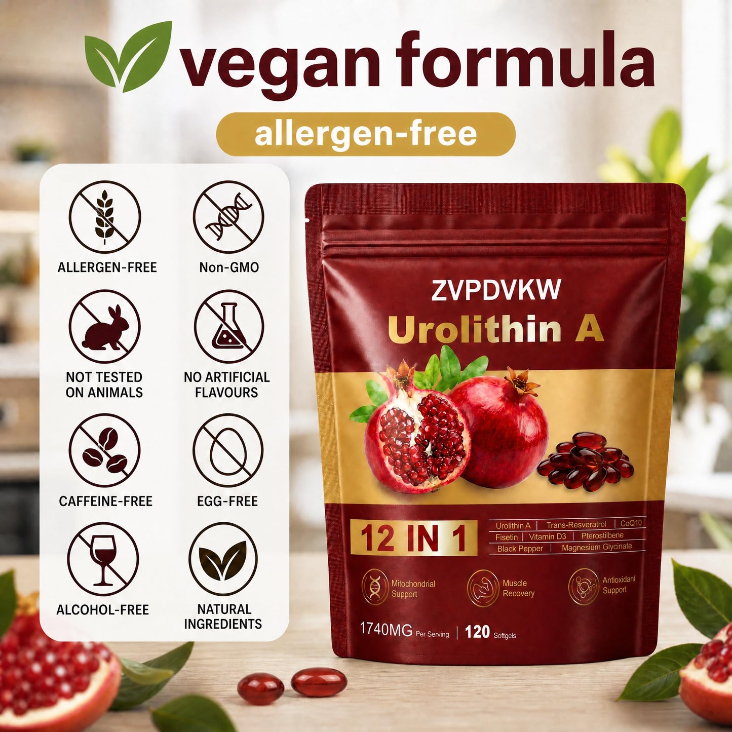 ZVPDVKW 12-in-1 Urolithin A Supplement Mitochondrial Energy Support Softgels 120