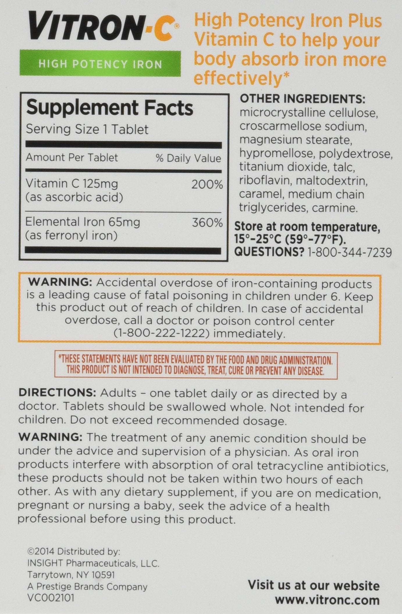 Vitron-C High Potency Iron Supplement, 120 Tablets